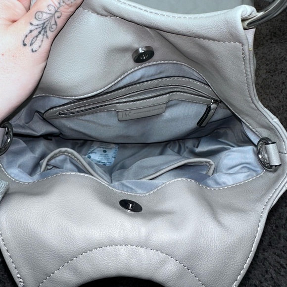 Gray Ring Handle Woven Panel Tote Handbag Faux Leather Modern Minimalist - Picture 5 of 13